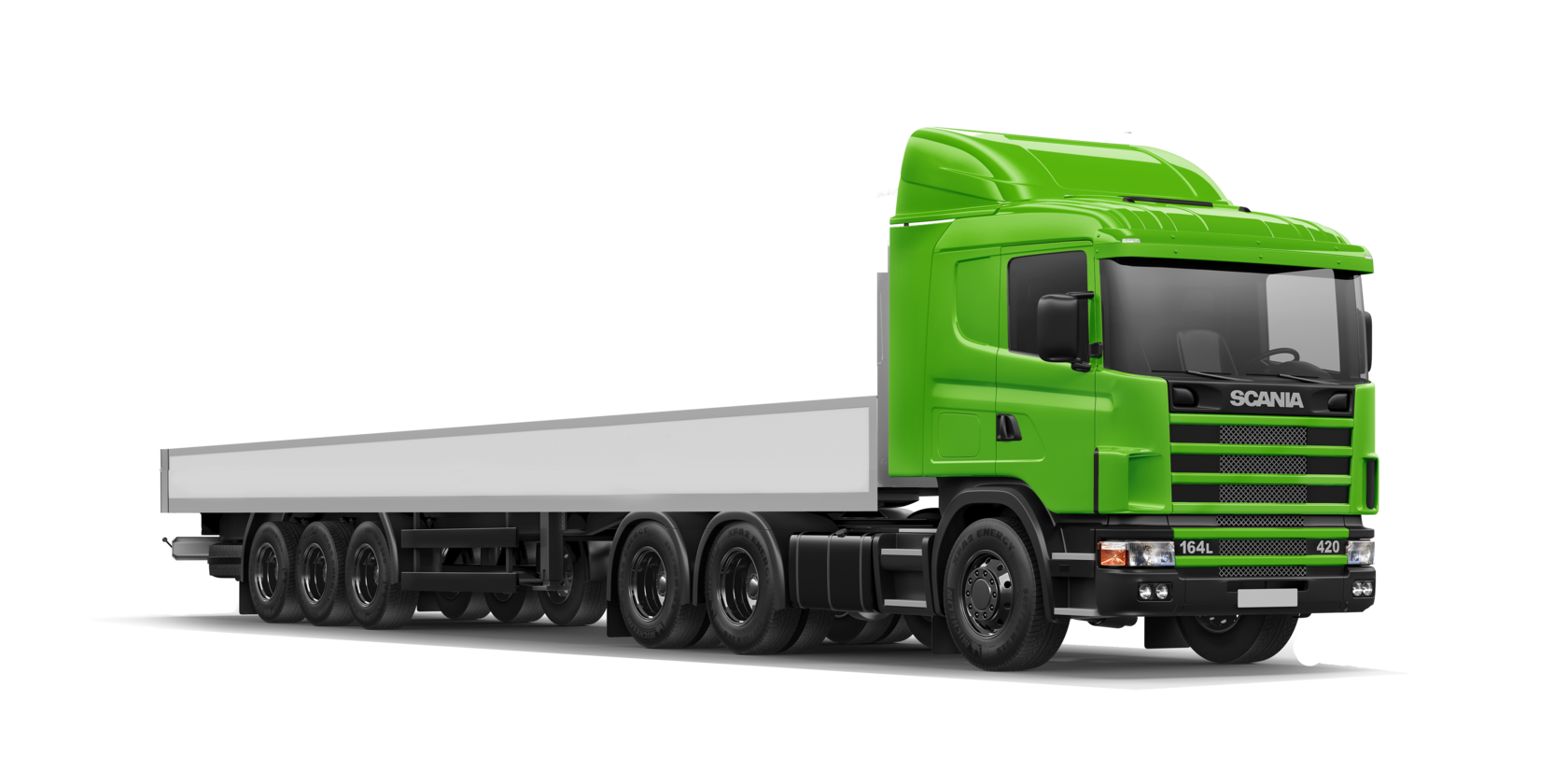 Зеленый бортовой грузовой автомобиль Scania с открытым полуприцепом