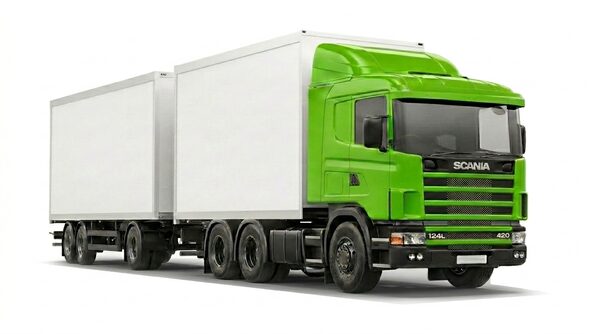 Зеленый грузовой автомобиль Scania с прицепом общего назначения на белом фоне