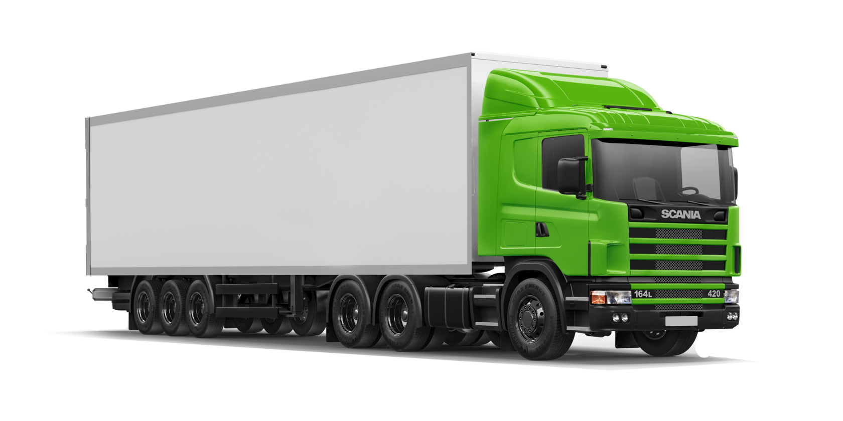 еленый грузовик Scania с белым изотермическим полуприцепом рефрижератором