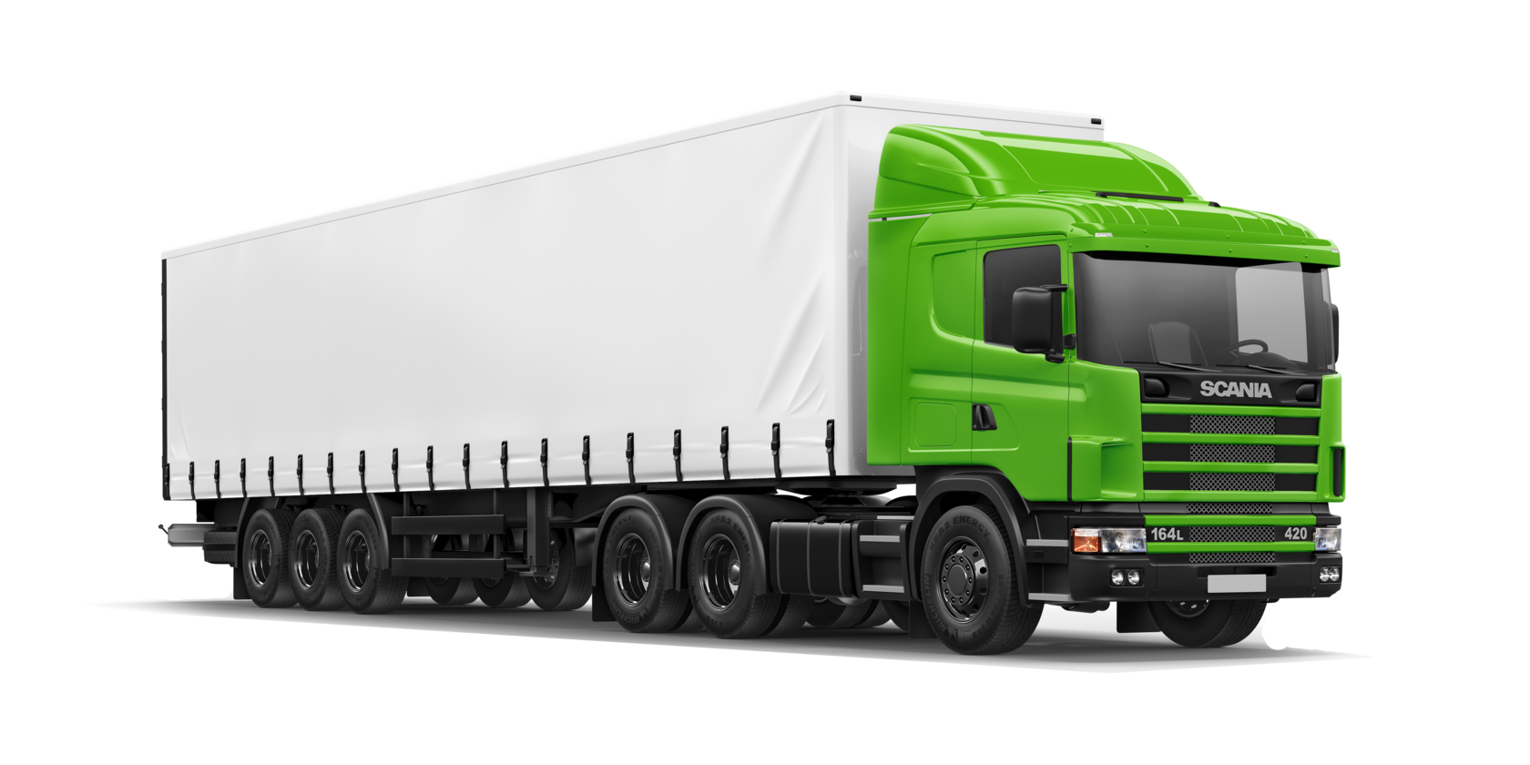 Зеленый седельный тягач Scania с белым тентованным полуприцепом