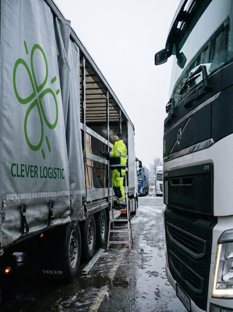Рабочий на стремянке осматривает тент полуприцепа Clever Logistic на парковке