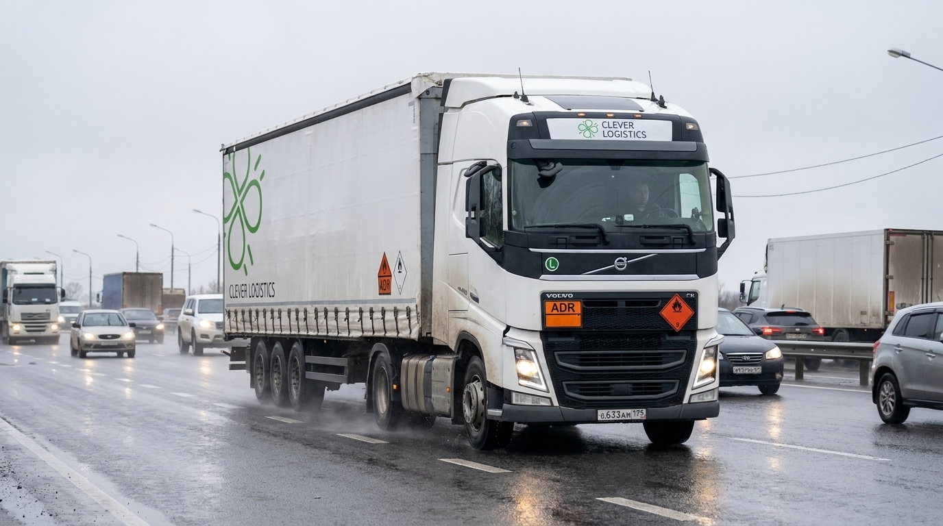 Грузовик Volvo компании Clever Logistics с маркировкой ADR для перевозки опасных грузов движется по трассе в дождливую погоду