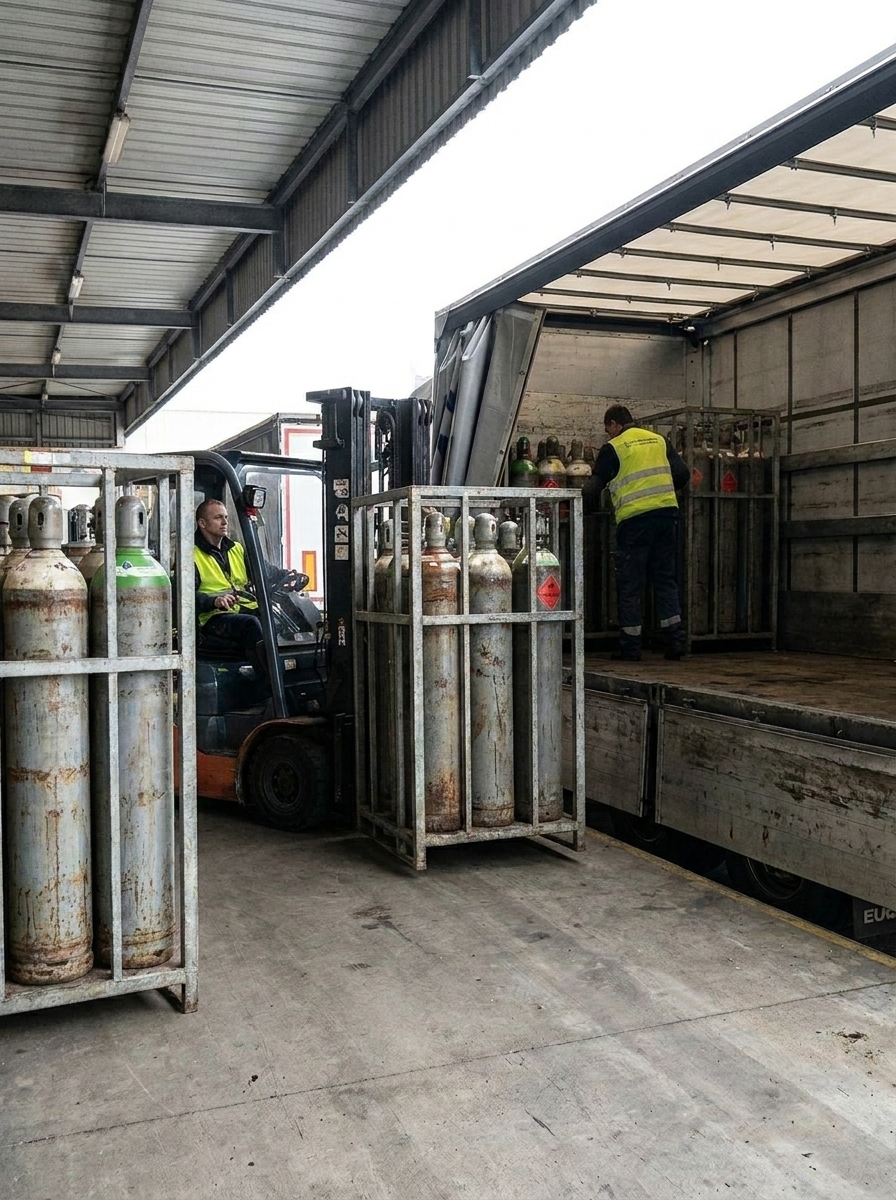 Рабочий склада контролирует погрузку металлических газовых баллонов в металлических клетях с помощью вилочного погрузчика в кузов фуры