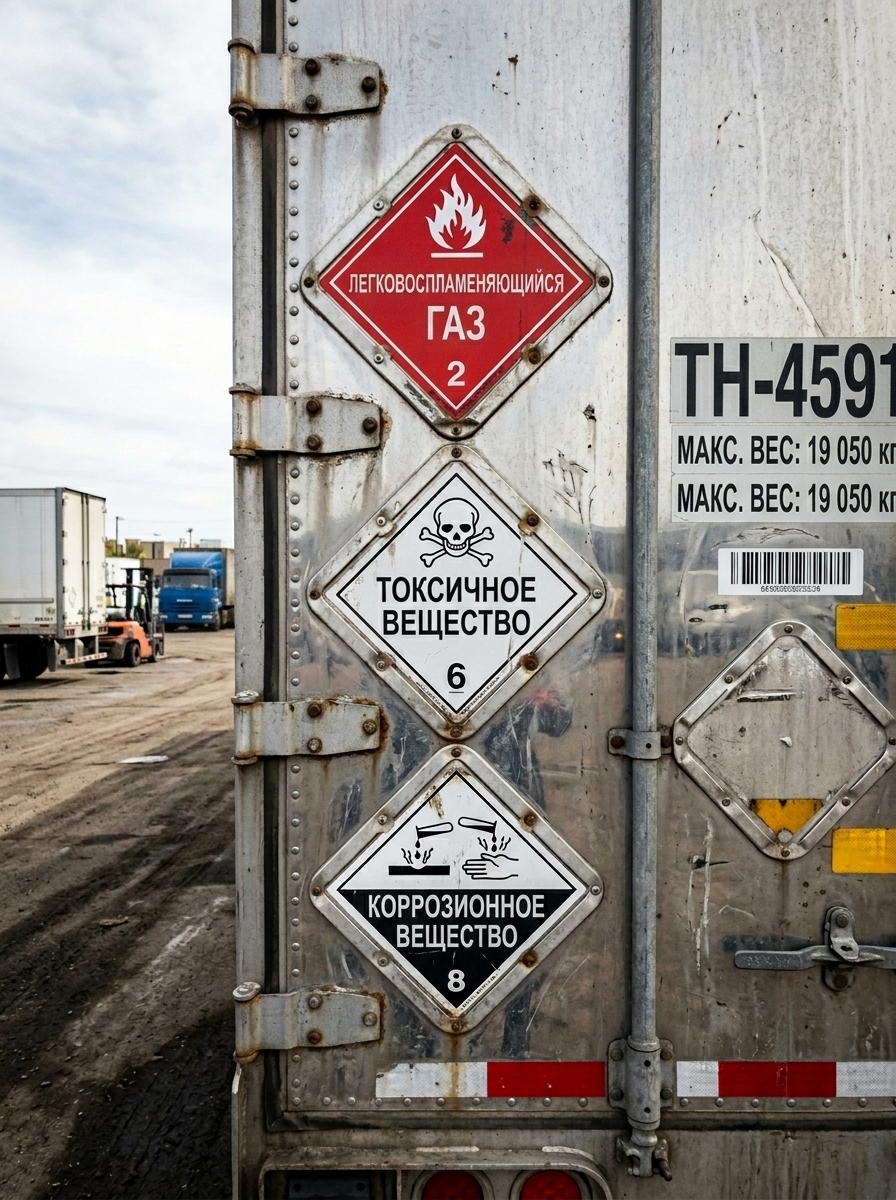 Три ромбовидных знака опасности «Легковоспламеняющийся газ 2», «Токсичное вещество 6» и «Коррозионное вещество 8» на задней металлической двери полуприцепа