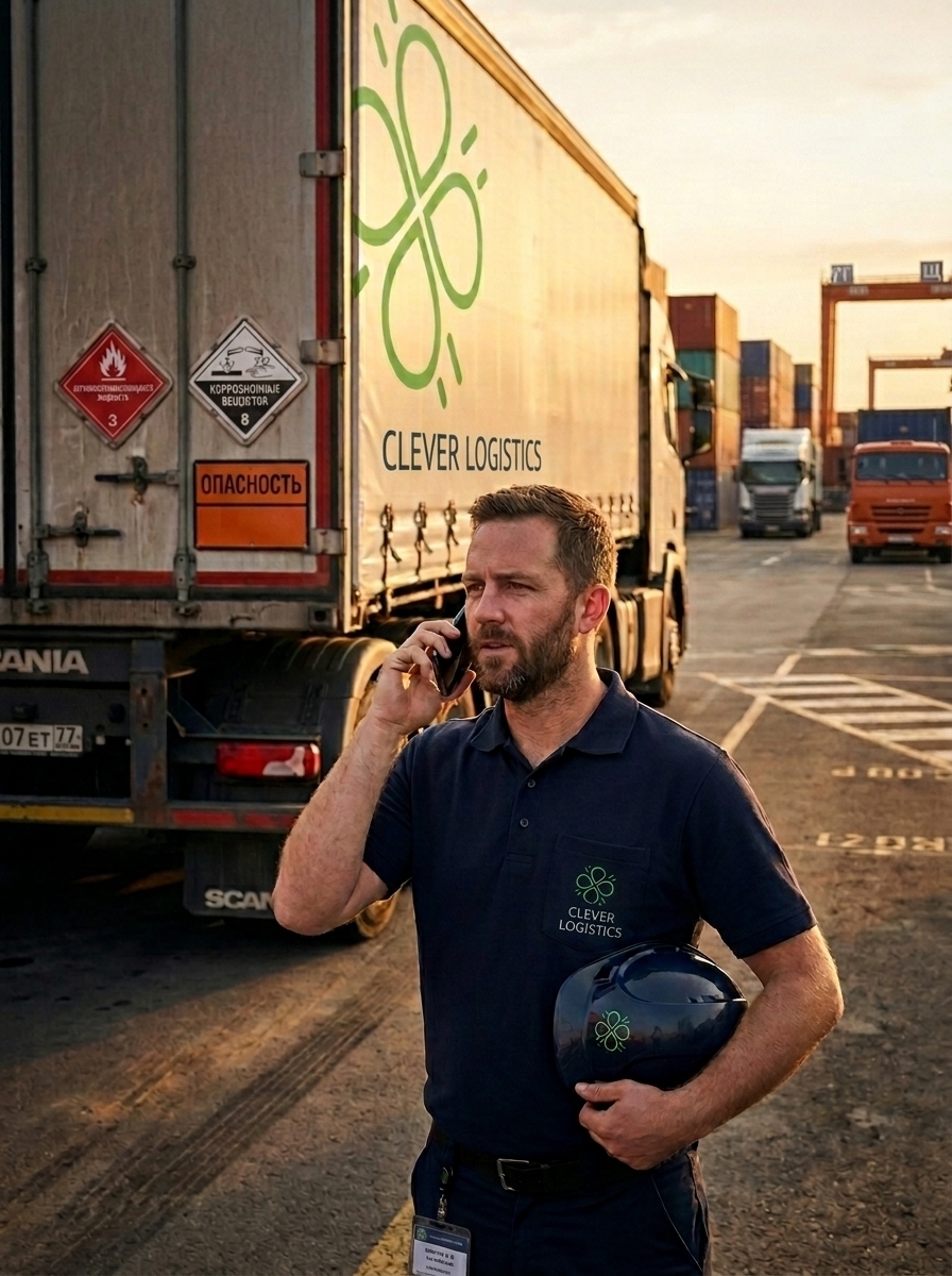 Логист в темном поло Clever Logistics говорит по телефону на контейнерном терминале на фоне брендированной фуры