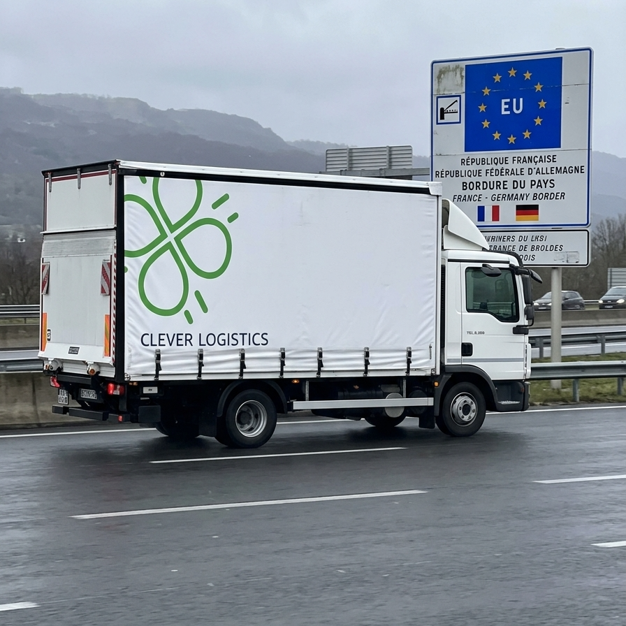 Белый развозной грузовик Clever Logistics проезжает дорожный указатель границы между Францией и Германией по мокрой дороге