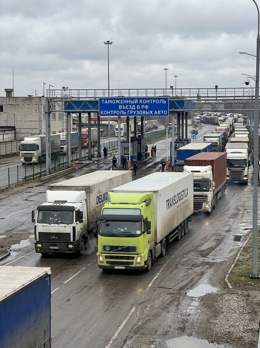 Зеленый грузовик Clever Logistics на контрольно-пропускном пункте таможенного терминала.