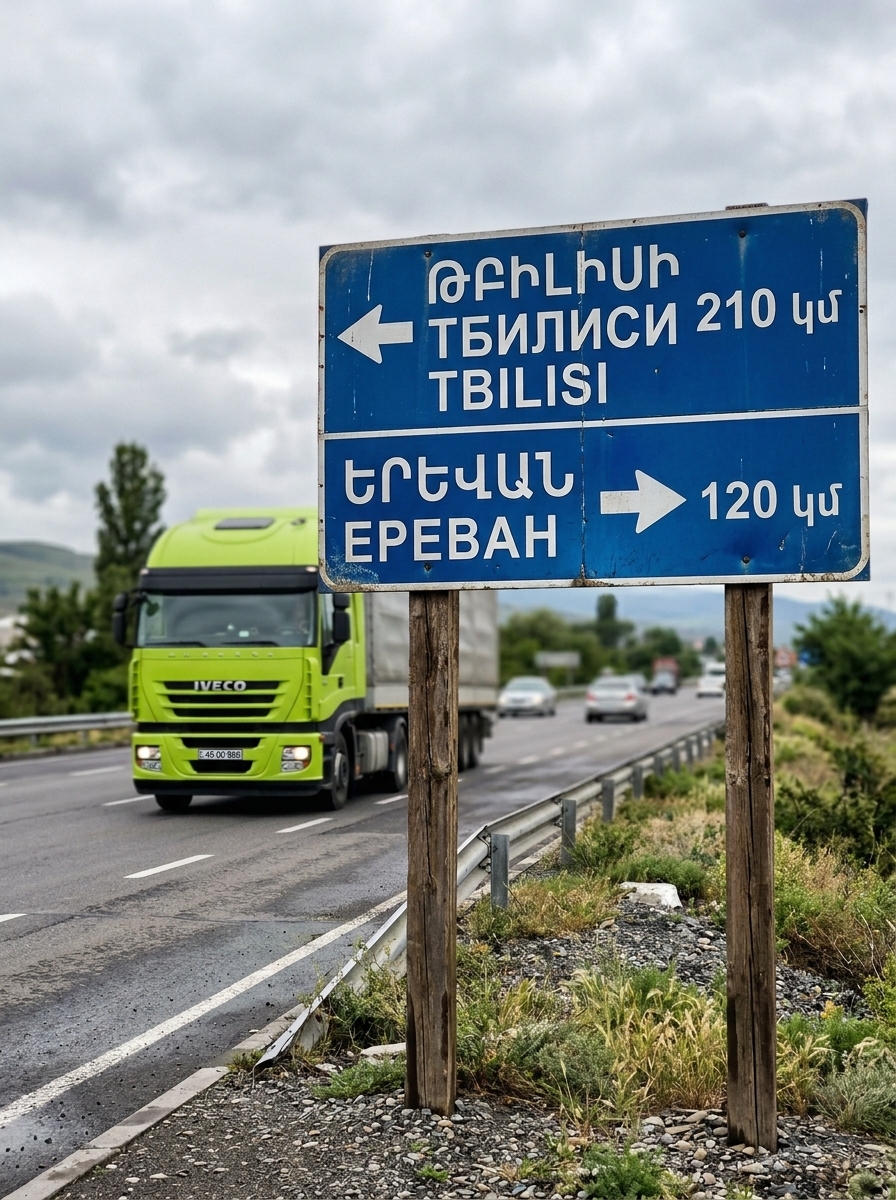 Дорожный указатель синего цвета с направлениями на Тбилиси и Ереван на фоне проезжающего салатового грузовика Iveco.