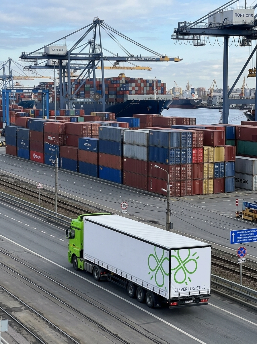 Ярко-зеленый грузовик Clever Logistics припаркован у погрузочного шлюза склада, работник в жилете идет по направлению к зданию.