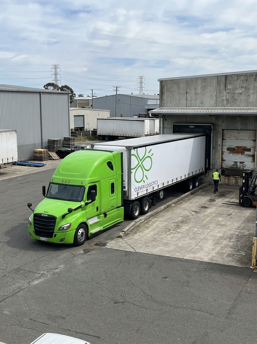 Ярко-зеленый грузовик Clever Logistics припаркован у погрузочного шлюза склада, работник в жилете идет по направлению к зданию.