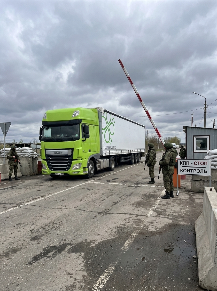 Салатовая фура DAF с полуприцепом Clever Logistics подъезжает к контрольно-пропускному пункту со знаком «КПП - СТОП КОНТРОЛЬ», охраняемому вооруженными людьми в военной форме.