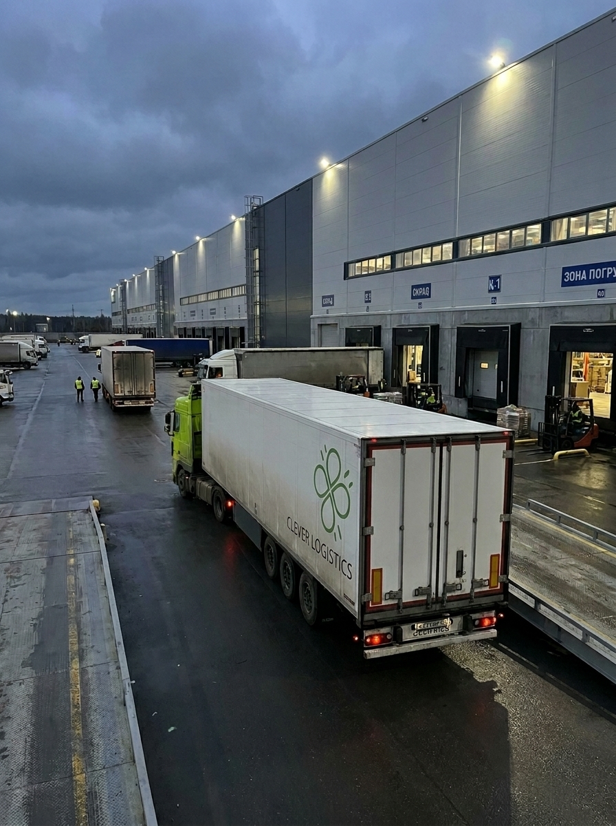Белый грузовой полуприцеп Clever Logistics с салатовым тягачом стоит на территории крупного логистического комплекса в вечернее время под пасмурным небом.