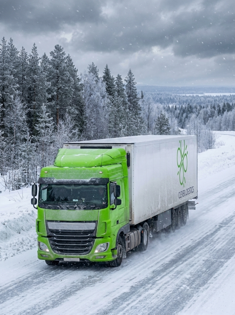 Ярко-зеленый грузовой автомобиль Clever Logistics движется по заснеженной трассе в окружении покрытого инеем хвойного леса во время снегопада.