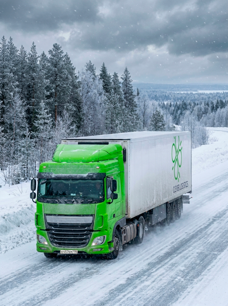Ярко-зеленый грузовой автомобиль Clever Logistics движется по заснеженной трассе в окружении покрытого инеем хвойного леса во время снегопада.
