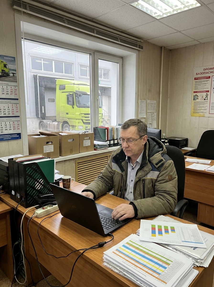 Мужчина в очках и рабочей куртке сосредоточенно работает за ноутбуком в офисе логистической компании, за окном видна кабина салатового грузовика.