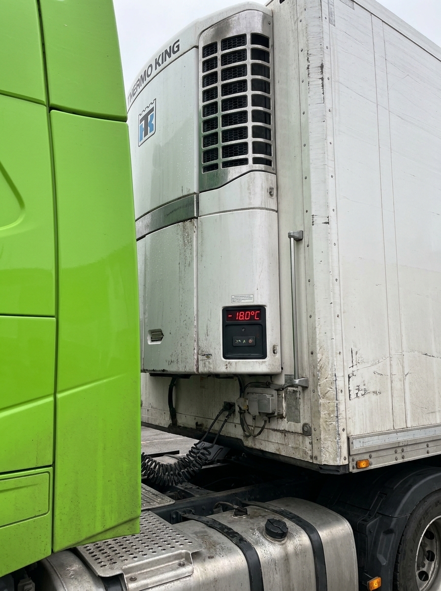 Крупный план белой рефрижераторной установки Thermo King на полуприцепе грузовика, электронное табло которой показывает температуру -18.0°C.