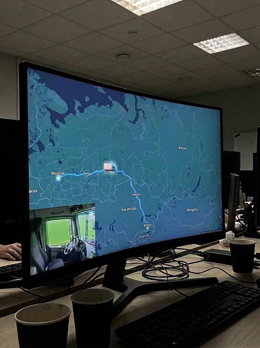 Экран телематической системы с картой маршрута грузоперевозки.