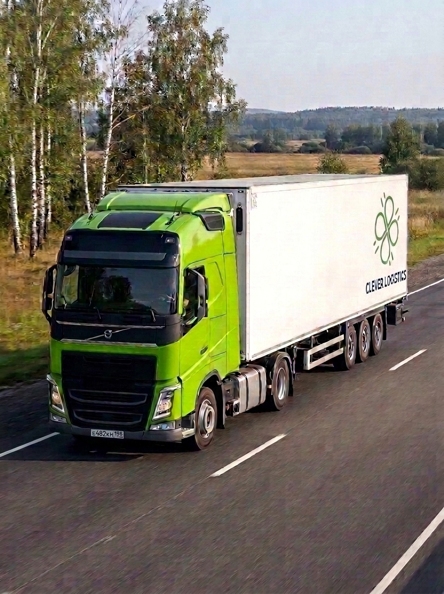 Зеленый грузовик Volvo компании Clever Logistics движется по загородной трассе на фоне деревьев.