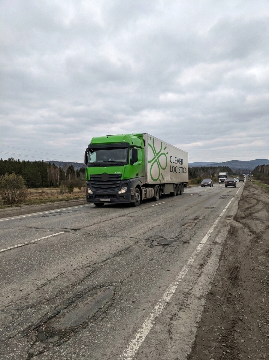 Грузовой автомобиль движется по автомагистрали в процессе доставки товара.