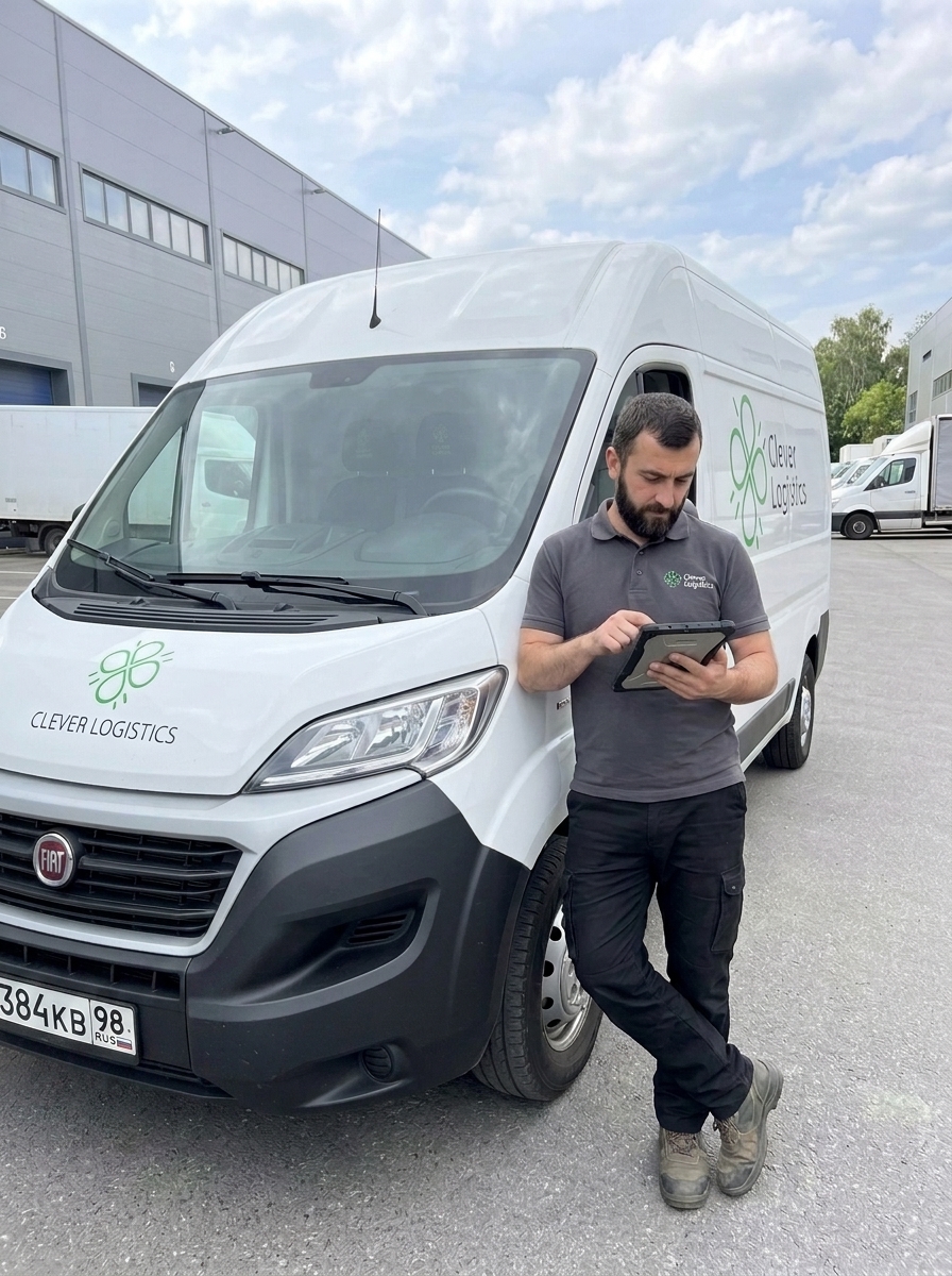 Водитель компании Clever Logistics работает с планшетом, стоя у белого фургона Fiat.