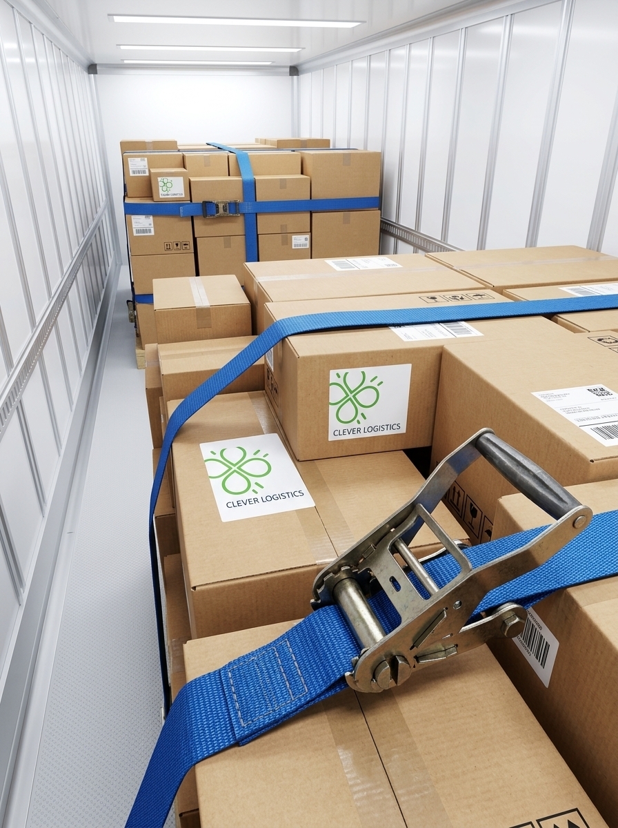 Картонные коробки с логотипом Clever Logistics, закрепленные синими натяжными ремнями внутри фуры.