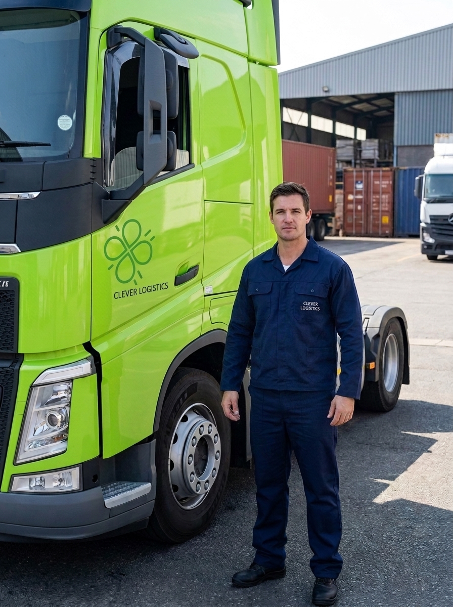 Водитель в синей рабочей форме стоит на фоне зеленого тягача компании Clever Logistics.