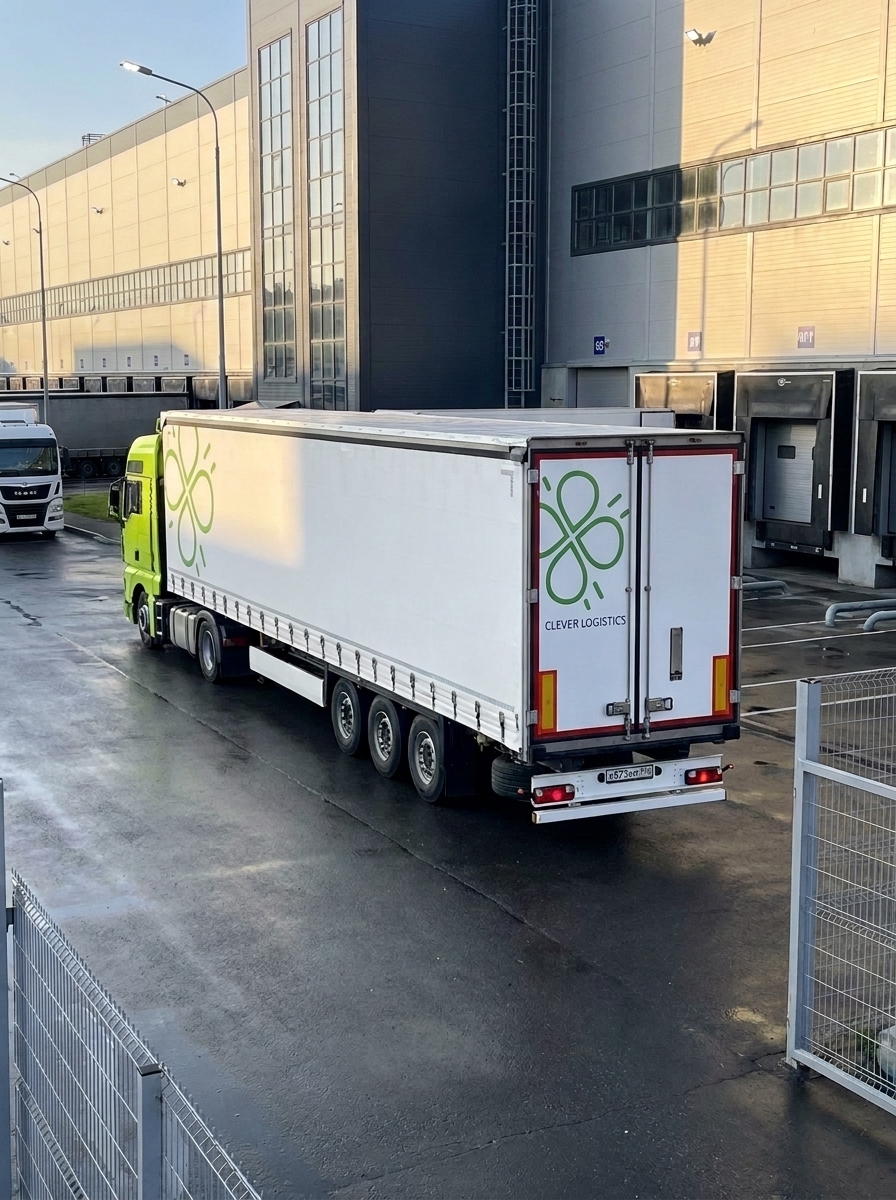Вид сверху на белый полуприцеп Clever Logistics, движущийся по многополосной загородной трассе.