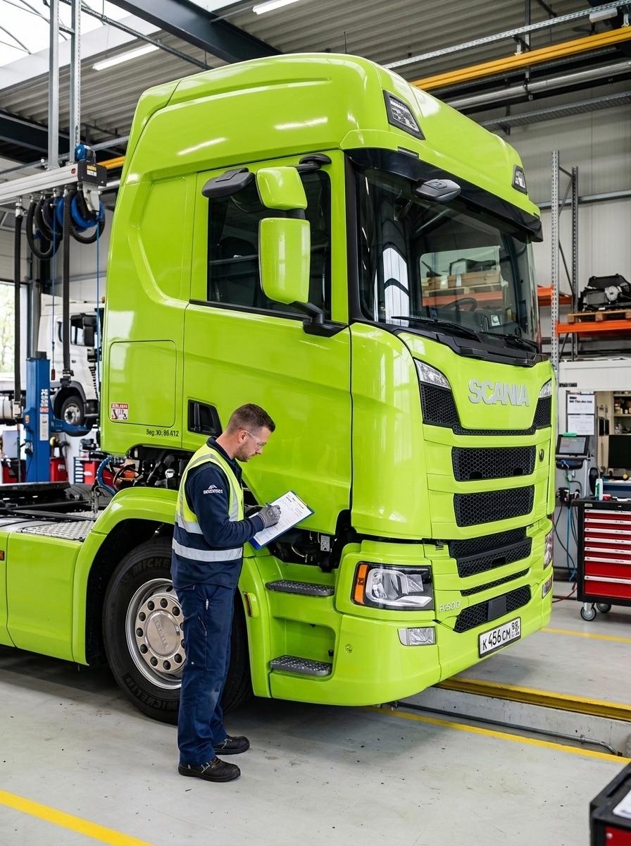 Специалист с планшетом осматривает кабину зеленого грузовика Scania в сервисном боксе.