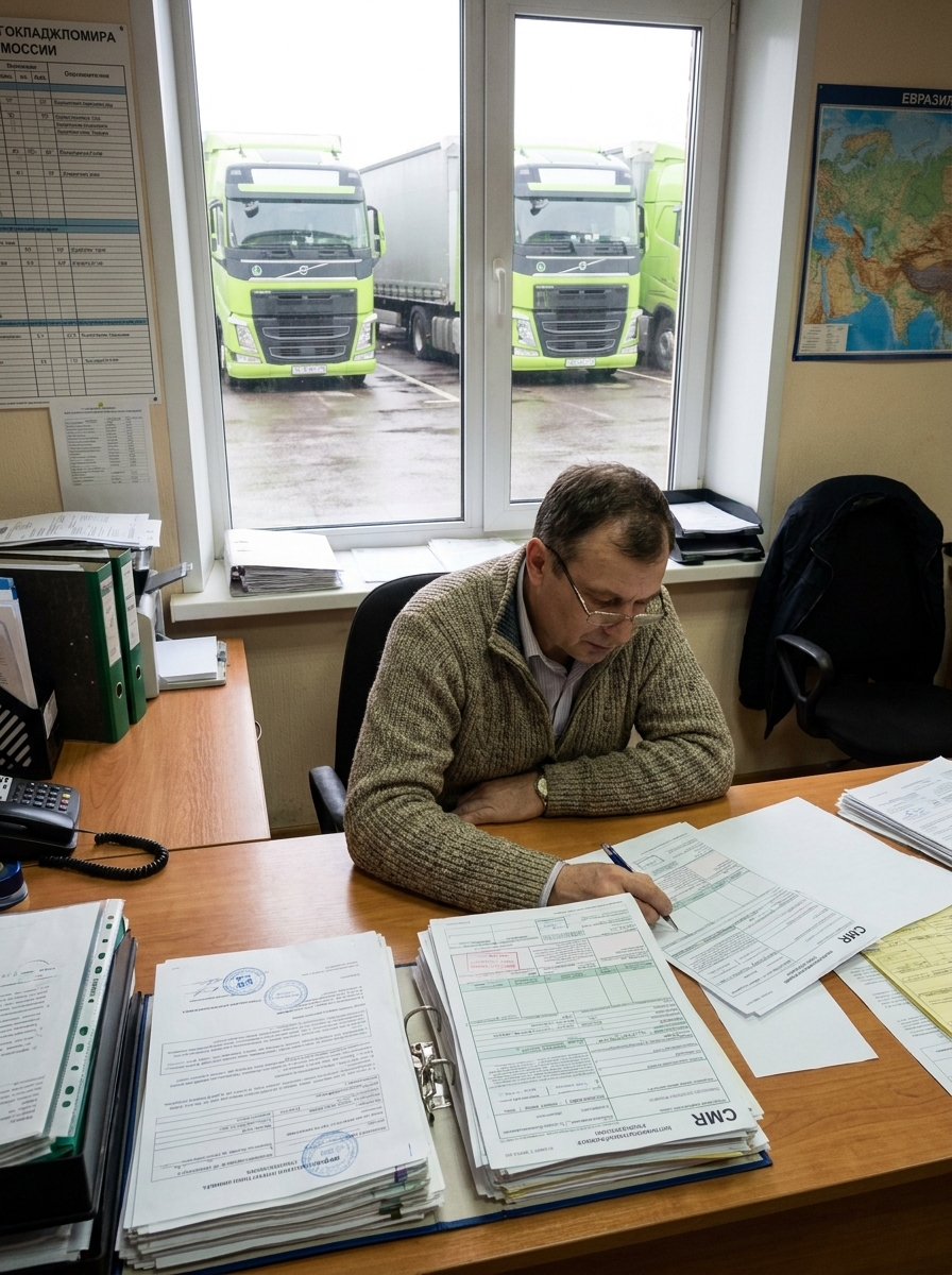 Логист заполняет накладные CMR за рабочим столом у окна с видом на припаркованные зеленые грузовики Volvo.