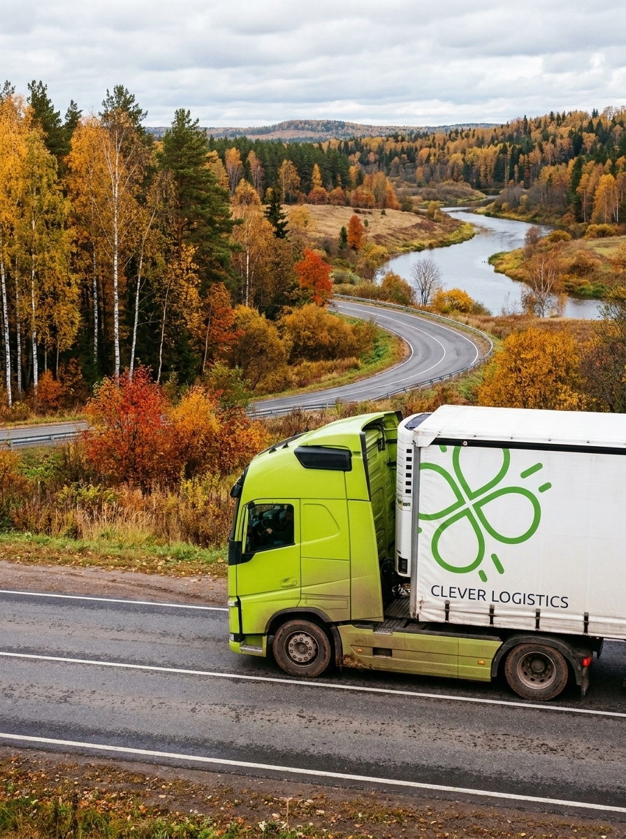 Зеленая фура Clever Logistics едет по загородной трассе на фоне живописного осеннего пейзажа с рекой.