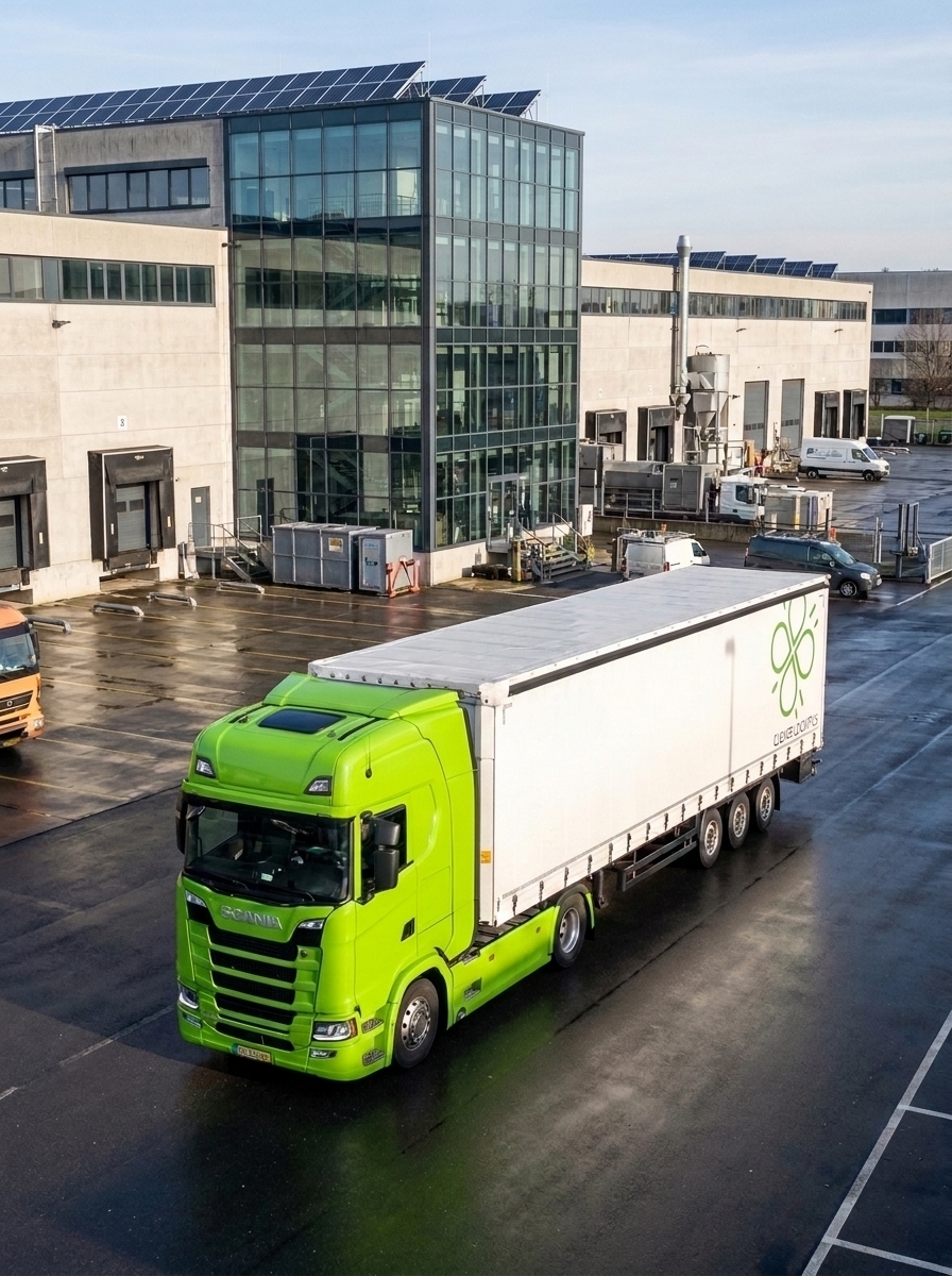 Зеленый грузовик Scania компании Clever Logistics на территории современного складского комплекса с солнечными батареями.