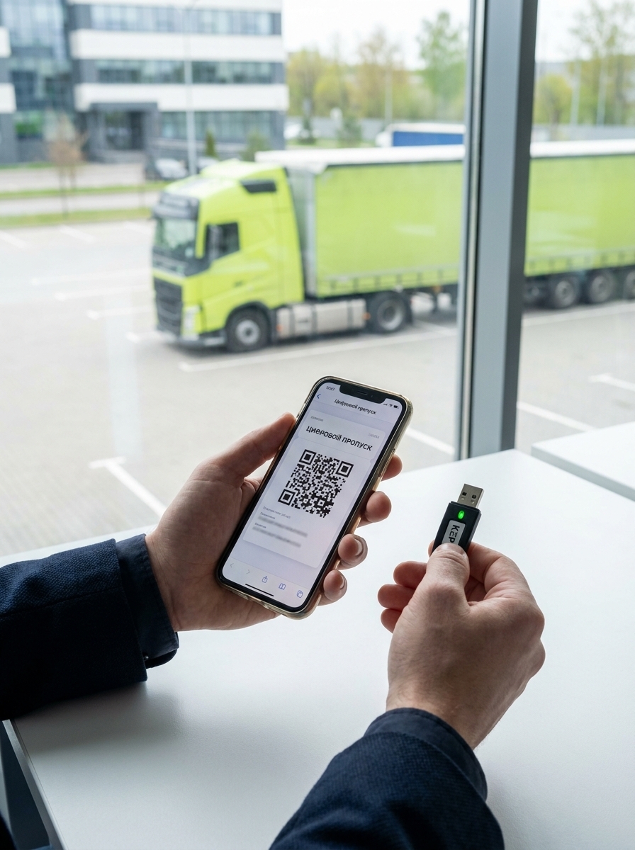 Крупный план рук, держащих смартфон с QR-кодом электронной накладной и USB-токен электронной подписи