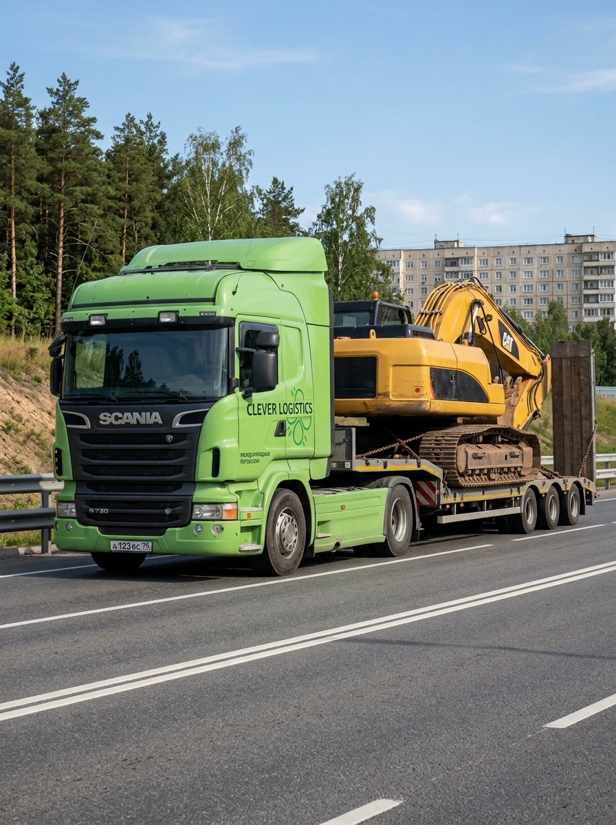 Зеленый тягач Scania с низкорамным полуприцепом перевозит тяжелый гусеничный экскаватор желтого цвета по загородной дороге.