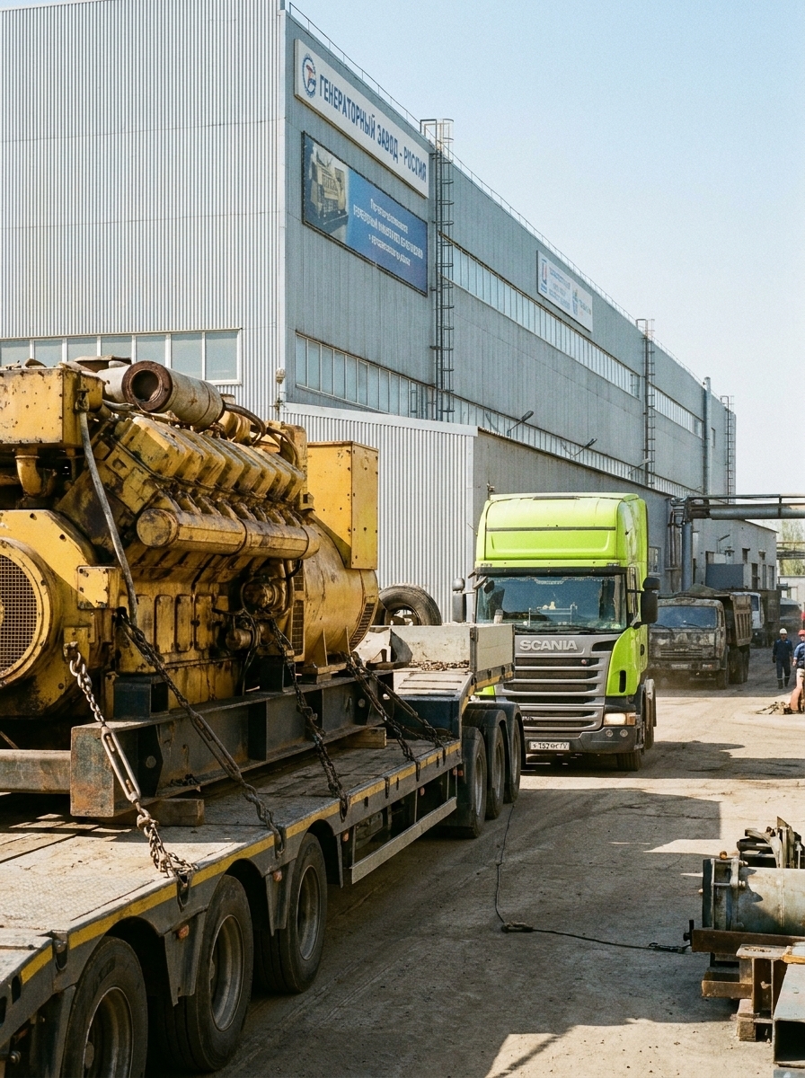 Грузовик Scania перевозит крупный желтый генератор возле здания «Генераторный завод – Россия».