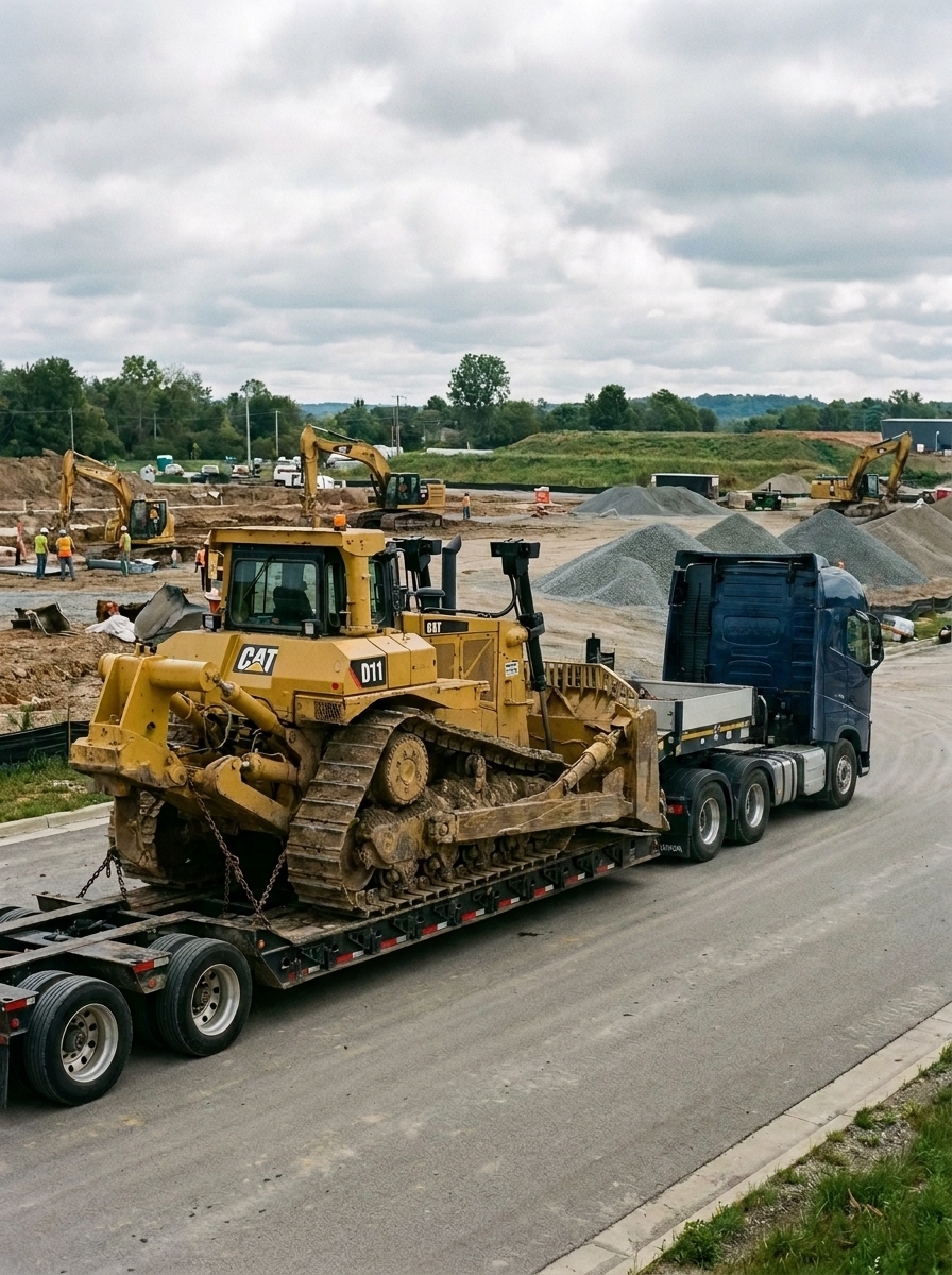Грузовик Volvo перевозит крупный бульдозер CAT D11 на строительной площадке.