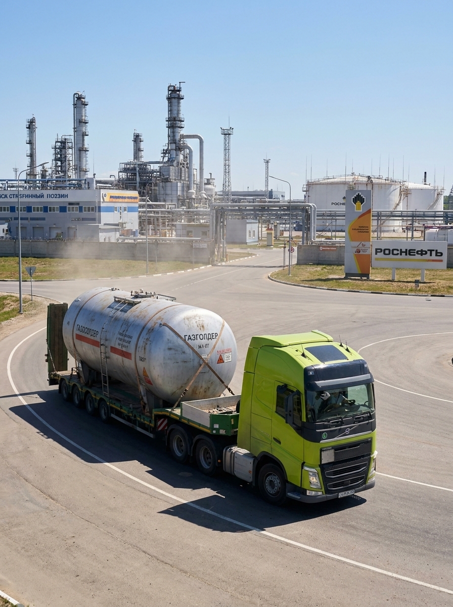 Грузовик Volvo с цистерной заезжает на территорию нефтеперерабатывающего завода «Роснефть».