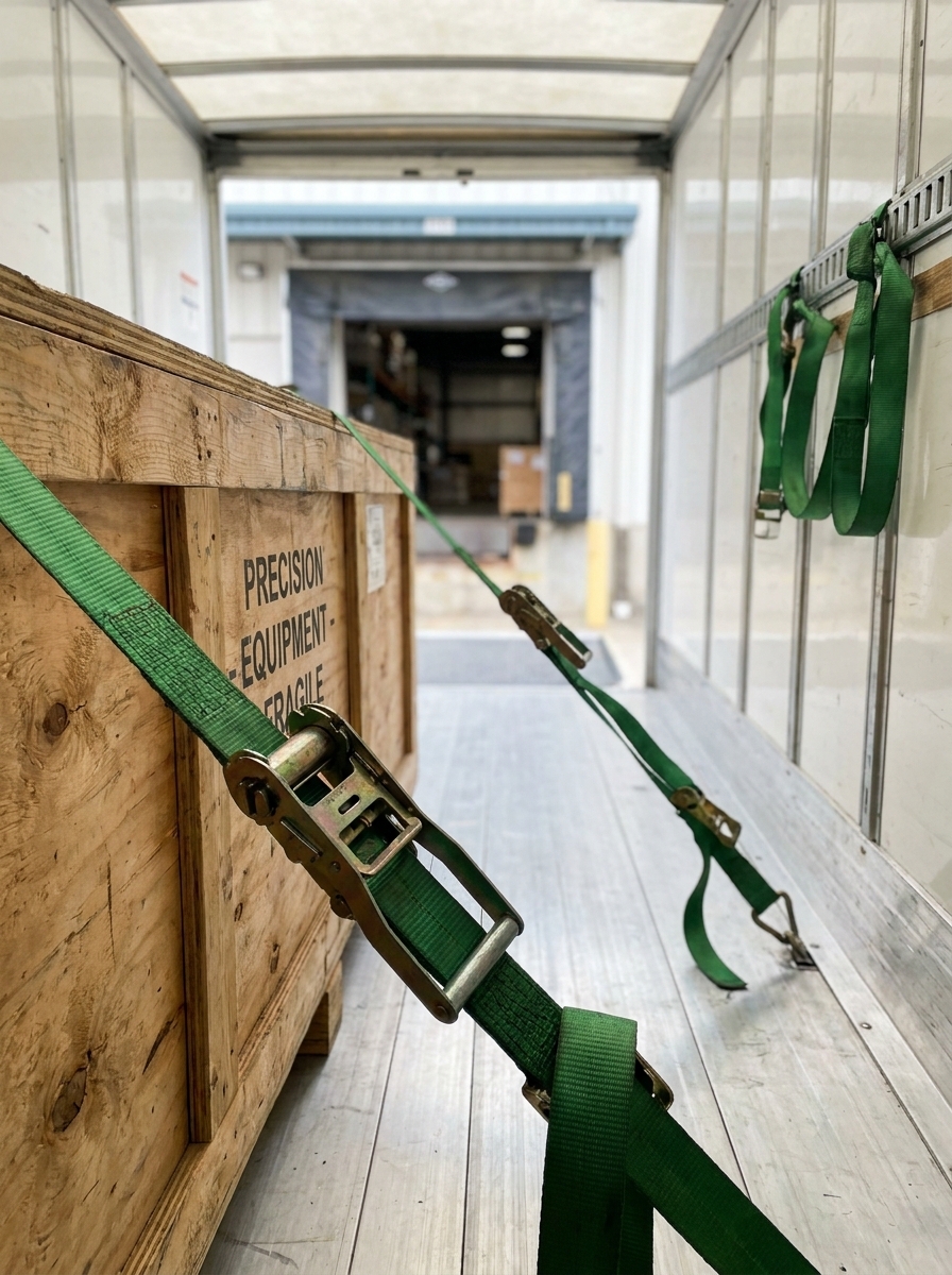 Зеленая фура Clever Logistics еВнутри фургона деревянный ящик с надписью «Precision Equipment – Fragile» закреплён зелёными ремнями.дет по загородной трассе на фоне живописного осеннего пейзажа с рекой.