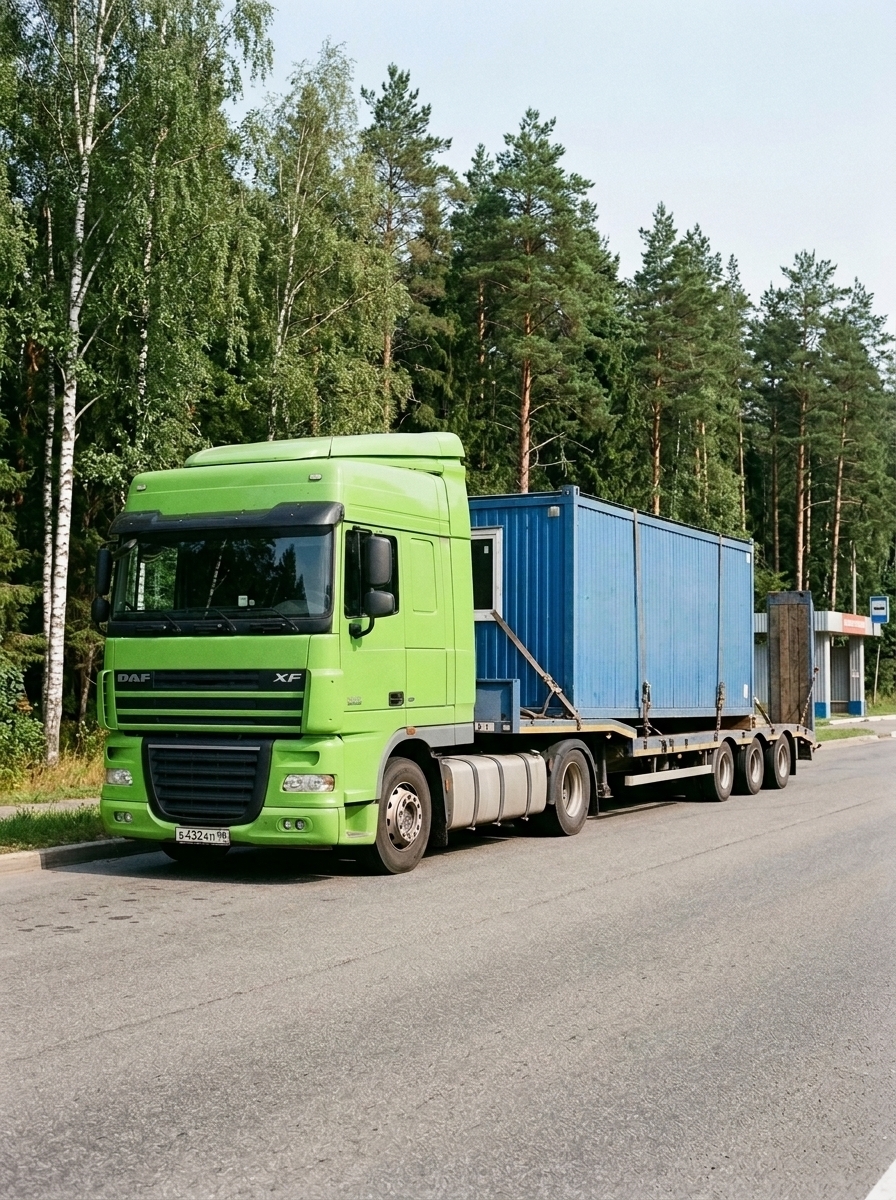 Зелёный грузовик Scania с логотипом «Clever Logistics» перевозит синие модульные контейнеры по строительной площадке на фоне современных небоскрёбов.