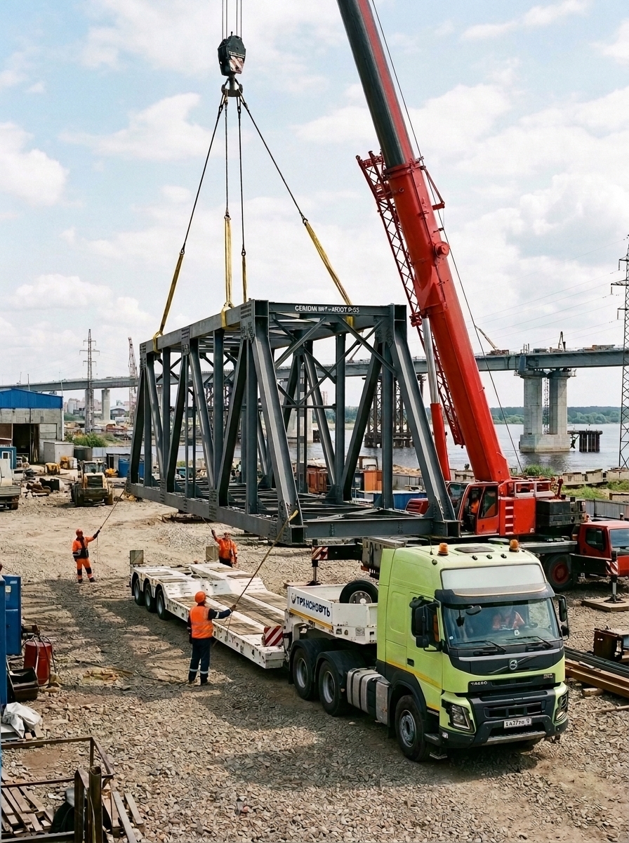 Зелёный авто «Clever Logistics» с длинным прицепом загружен металлическими конструкциями