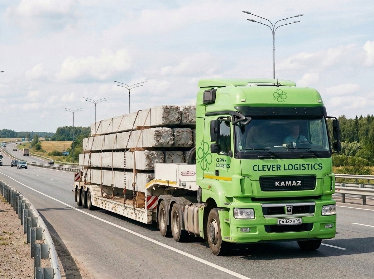 Зелёный DAF с трубами на платформе проезжает под рамой весового контроля на автомагистрали.