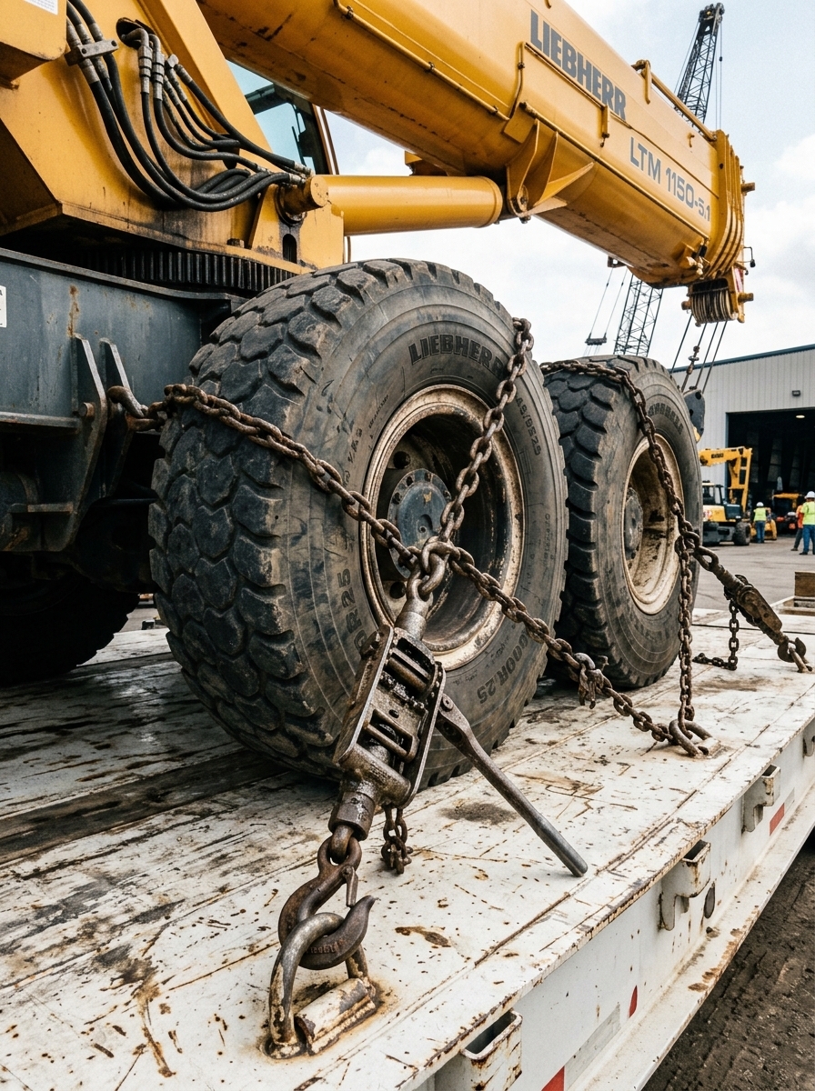 Крупный план колёс крана Liebherr LTM 1150‑5.1, зафиксированных цепями на платформе.