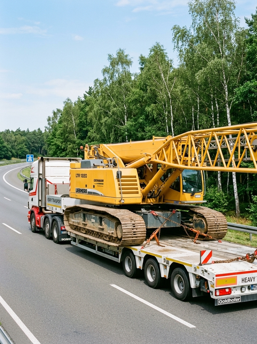 Белый тягач Scania перевозит гусеничный кран Liebherr LTR 1220 по трассе среди зелёных деревьев.
