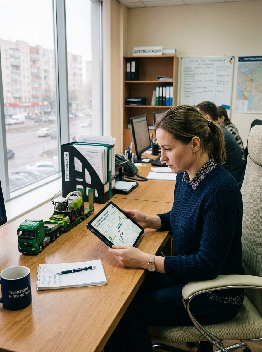 Зелёный Scania «Clever Logistics» перевозит жёлтый комбайн CLAAS LEXION по трассе в направлении Санкт‑Петербурга.