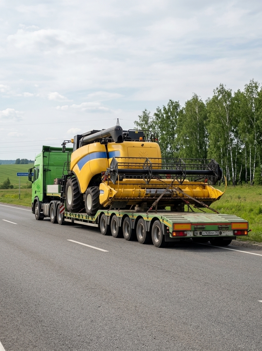 Зелёный тягач перевозит жёлтый комбайн New Holland по загородной трассе среди зелёных деревьев.