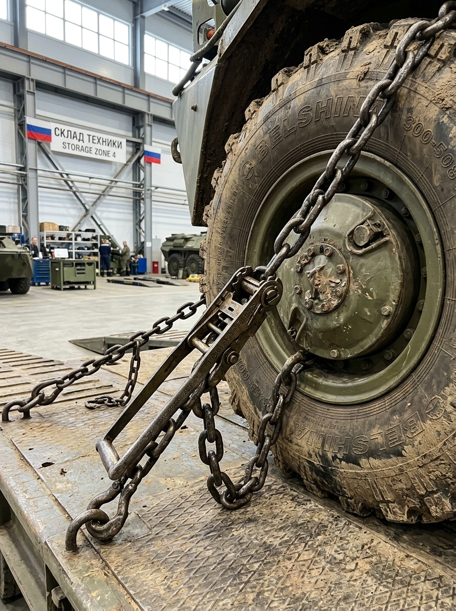 Крупный план цепного фиксатора, удерживающего колесо бронетранспортёра в ангаре «Склад техники».