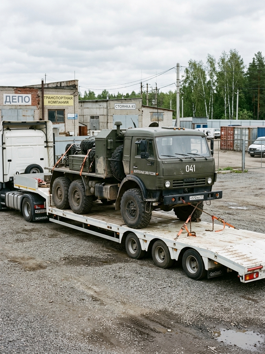 Белый тягач Scania перевозит армейский грузовик КАМАЗ «Вооружённые силы России» на платформе у депо.