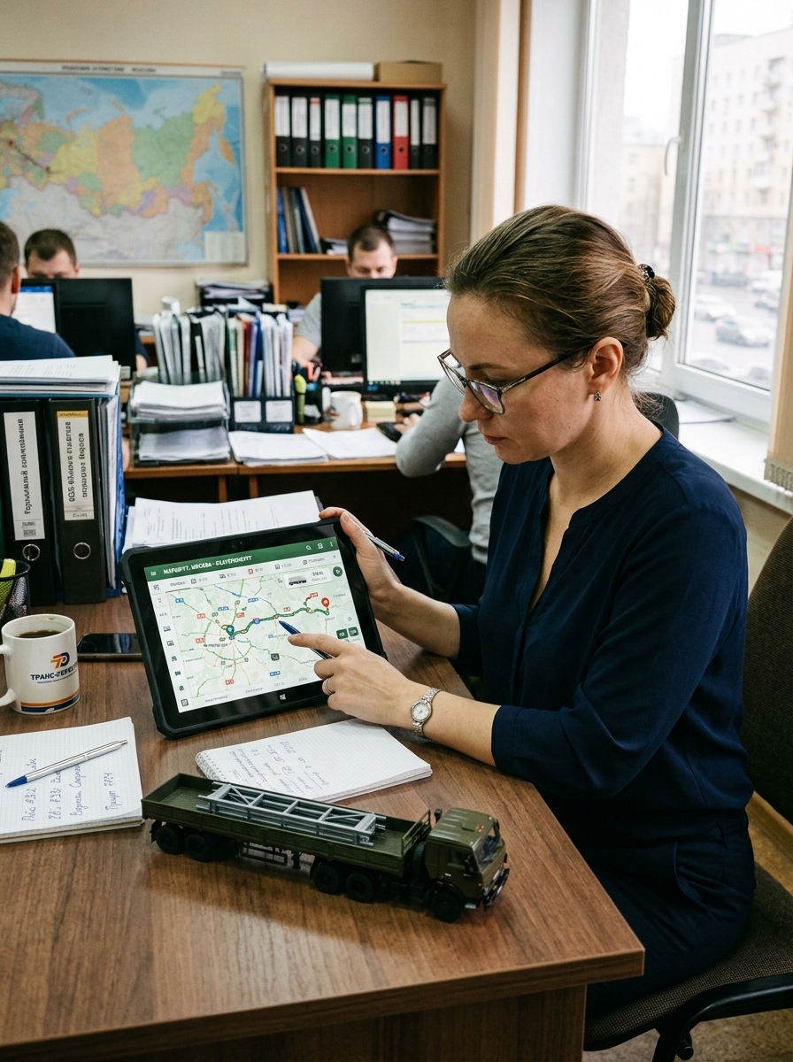 Сотрудница логистической компании планирует маршрут на планшете, на столе модель грузовика и документы.