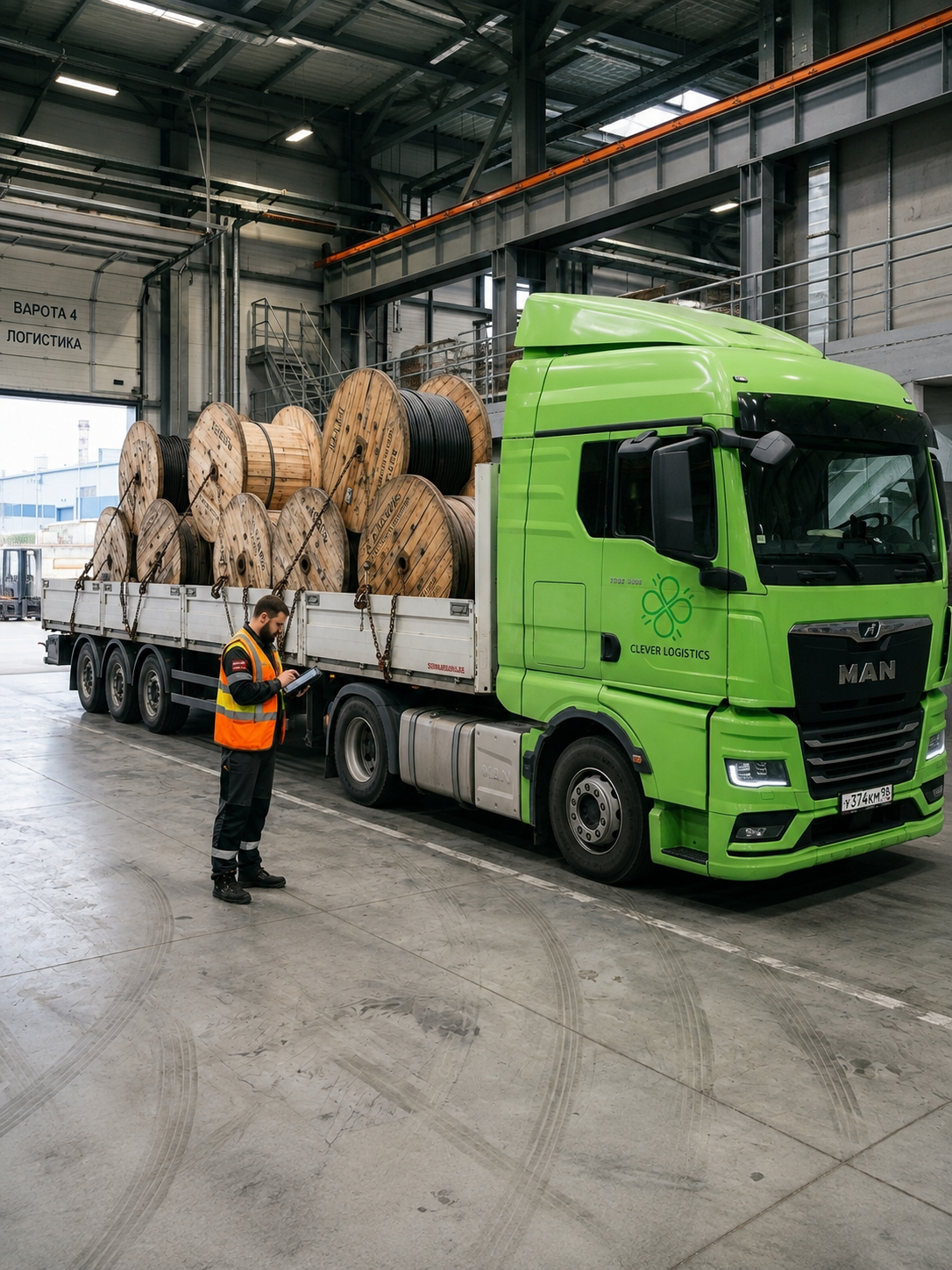 Инспектор проверяет документы возле грузовика MAN Clever Logistics с катушками кабеля в ангаре.