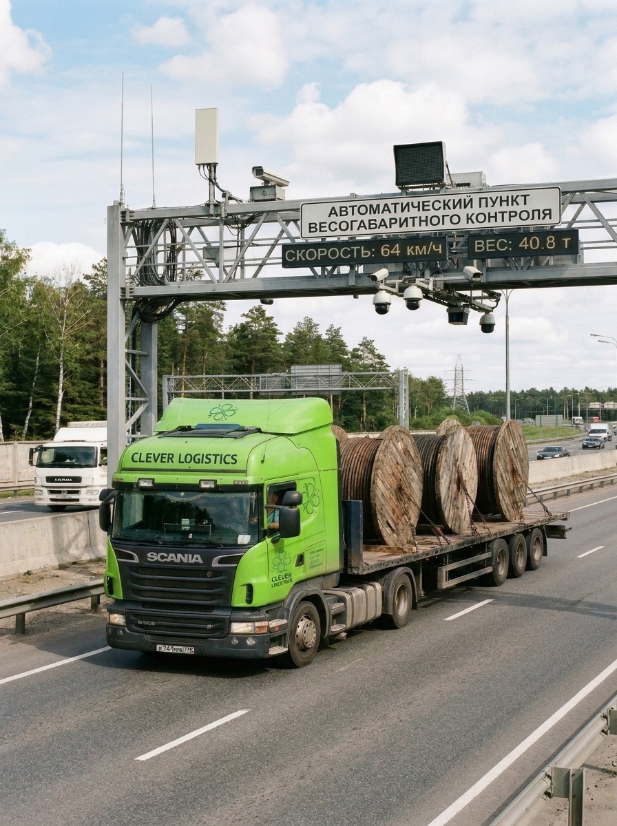 Грузовик Scania компании Clever Logistics проезжает пункт весогабаритного контроля с катушками кабеля на платформе.