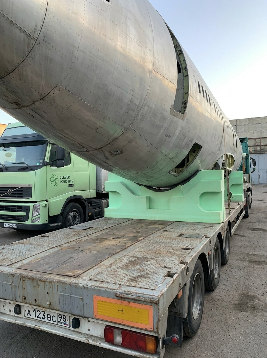 Volvo Clever Logistics перевозит секцию фюзеляжа самолёта, закреплённую на зелёных опорах.